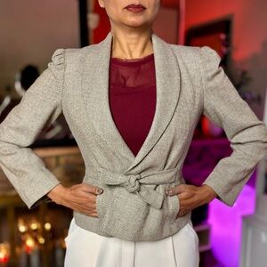 Haberdasher Vintage Wool Blend Tan Tweed Peplum Blazer Jacket w/ Sash Tie, Sz 6